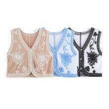 New French style looped yarn embroidered knitted vest with V-neck, layered short, loose and versatile, slimming vest and small shirt