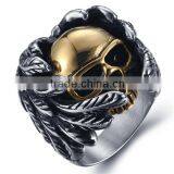 Gold Silver Vintage Gothic Wing Biker Surgical Stainless Steel Skull Ring for Man thumbnail-3