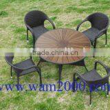 round poly wood dining table and pe rattan chairs for garden