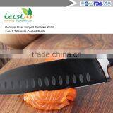 German Steel Forged Santoku Knife, 7-Inch Titanium Coated Blade thumbnail-5