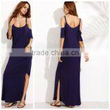 Woman Navy Pocket Cold Shoulder Split Maxi Dress thumbnail-1