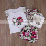 Summer Boutique Outfits Sets Children Flower Print Clothing Set Kids Clothes Matching Headband thumbnail-1
