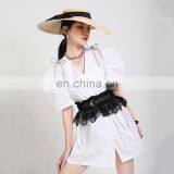 TWOTWINSTYLE Bandage Women's Dress Cross V Neck Puff Short Sleeve Patchwork Bowknot Mini Dresses thumbnail-3