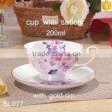 Europe Style Round Shape Flower Decal With Gold-rim Bone China Cup With Saucer thumbnail-2
