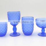 Press Glass Wine Goblet,Hiball,DOF, Sundae Cup in Cobalt Blue Color With Knit Embossed Patern thumbnail-1