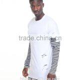 Crew Neck Tees Sleeve Color Block Stripe Layer Men's Longline t Shirt thumbnail-5