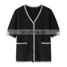 Autumn Ladies Cardigan Sweater Fancy Black Short Sleeves V-Neck Casual Knitted Cashmere Material With Pockets Decoration thumbnail-1