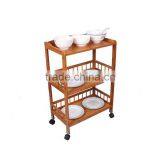 Wholesale Bamboo Kitchen Cart New Mobile Dining Car With Baskets, Shelves and 8-Slot Wine Bottle Holder thumbnail-3