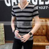 Summer Men's Short Sleeve T-shirt V-neck Ice Silk Breathable Stripe thumbnail-2