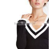 Preepy Look Short Body Deep v Neck Sweater With Strip Neckline and Hem thumbnail-3