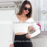 Deep v Neck Long Sleeve Sexy Thin Plain Dyed Peruvian Cotton Crop Tops/t Shirt thumbnail-1