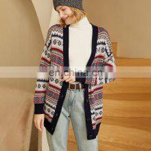 Women Plus Size V Neck Jacquard Cashmere Wool Cardigan Printed Sweater thumbnail-1