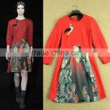 2015 Latest Designer Quality 3/4 Sleeve Bird Embroidery Red Warm Woolen Casual Ladies Winter Dress