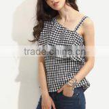 Blouses Latest Fashion Design Women Clothing Black and White Gingham Ruffle One Sleeve Blouse thumbnail-1