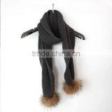 Myfur Adult Winter Striped Scarf With Real Natural Raccoon Fur Pom Poms