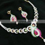 Modish Peacock Multi- Color Gold Plated American Diamond Jewelry Necklace Earrings Set thumbnail-1