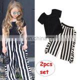 Girl Summer 2PCS Outfit Kids Short Sleeve Black Tops & Stripe Pant Set Girl Clothing Sets for 1-6T thumbnail-1