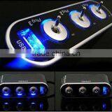 NEW 3 Way Car Cigarette Lighter Socket Splitter DC 12V + USB + LED Light Control