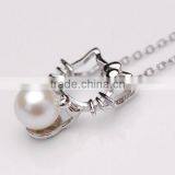925 Sterling Silver Chain Cat Style Charm Natural Pearl Pendent Necklace thumbnail-4
