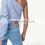 2017 Latest Design Embroidried Cotton Stripe One Side Shoulder Sexy Top for Clothing Women thumbnail-3