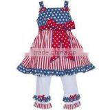 New Fashion Kids Clothing Wholesale Sleeveless Fluffy Dress Top Ruffle Leggings Girls July 4th Clothing Set