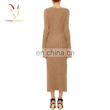 Tan V Neck Cashmere Sweater Dresses for Women thumbnail-2