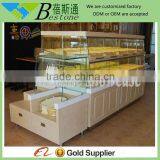 White Glass Wood Bread Display Stand With Wheels
