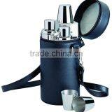 3 Pcs 6 Oz. Columniformed Shiny Stainless Steel Flask With 3-1 Oz. Stainless Shooters in Black PU Leatherette Carrying Case Wit