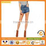 OEM Service 100% Cotton High Rise Denim Jeans Shorts With Raw Hem In Waterfall Mid Wash For Women Wholesale thumbnail-1