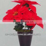 RED ARTIFICIAL VELVET POINSETTIA FLOWER BUSH X 3 W/3 PCS POINSETTIA FLOWER HEAD ON PLASTIC PLANTER thumbnail-1