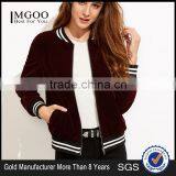 MGOO Women Burgundy Velvet Bomber Jacket With Striped Trim Plain Baseball Jacket Zipper Closure thumbnail-1
