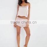 Hot Sale Fashion Pajamas Strap Crop Tops Custom Chiffon Side Satin Cami & Short Pyjama Set thumbnail-5