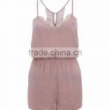 Women Casual Fit Satin Pajamas Set With Elasticated Waist Pink Sateen Lace Trim Playsuit V Neck thumbnail-4