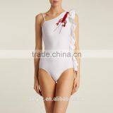 China Factory Wholesale Embroidered Asymmetric Ruffle One Piece Swimsuit Women thumbnail-2