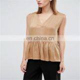 V Neck Yellow Girl Sleeveless Pleated Clothes Women t Shirt Wholesale China Woman Blouse thumbnail-3