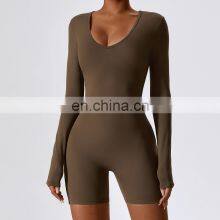 2023 Women Yoga Workout Bodysuits Gym Long Sleeve Sexy Fitness V Neck Fashion One Piece High Quality Breathable Jumpsuit thumbnail-1