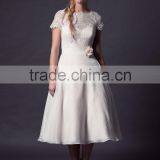 (MY0510) MARRY YOU 2016 Short Wedding Dress Boat Neckline Lace Bodice Chiffon Tea Length Wedding Dresses With Sleeves thumbnail-2