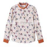 Fashion Floral Print Pullover Shirts Frill Hem Collar Cuff Contrast Color Women Blouses thumbnail-3