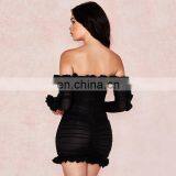 Hot Sale Fashion New Mesh Deep V Hollow-out Lace-up Yarn Flounced Long Sleeve Dress thumbnail-4