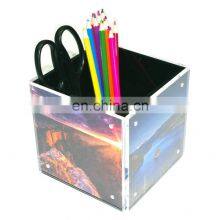 Clear Acrylic Pen Holder With Magnetic Photo Frame Pencil Organizer With 4 Sided Picture Frame