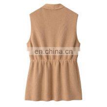 Elegant 100% Cashmere Cardigan Long Sleeveless Sweater Scarf Collar Slim Fit Waist Knitted Spring Season Solid Pattern Front thumbnail-2