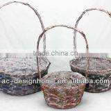 S/3 GREEN/BROWN WASH ROUND BAMBOO CHIP/SEAGRASS BASKET W/HANDLE thumbnail-1