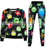 Sport wear custom European style ladies all over printing jogging suit 2 pieces set pullover sweatshirt with pants