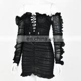 Hot Sale Fashion New Mesh Deep V Hollow-out Lace-up Yarn Flounced Long Sleeve Dress thumbnail-2