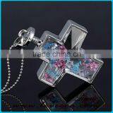 Cross Shape Dry Flower Glass Locket Pendant Necklace thumbnail-3