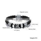 Mens Genuine Leather Bracelet With Magnetic Clasp Stainless Steel Beads thumbnail-5