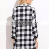 Check Plaid Drop Shoulder Shirt Black and White Cotton Blend Long Sleeve Casual Button Women Shirt thumbnail-4