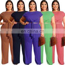 Solid Color Plus Size Short Sleeve Plus Size Two Piece Women Pant Sets New Fashion thumbnail-1