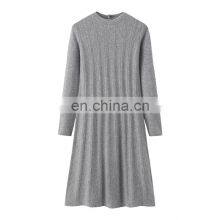 High Quality Ladies A-line Style Crew Neck Cashmere Dress Fall Winter Knee-Length With Yarn Dyed Technics thumbnail-6