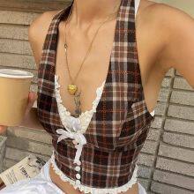 Summer New Style Fashionable and Sexy French-style Sweet Retro Checkered Neckless Backless Top thumbnail-3